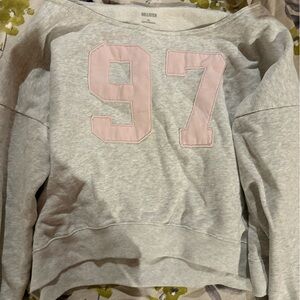 Hollister Light Gray Sweatshirt with Pink Detail (97) off the shoulder